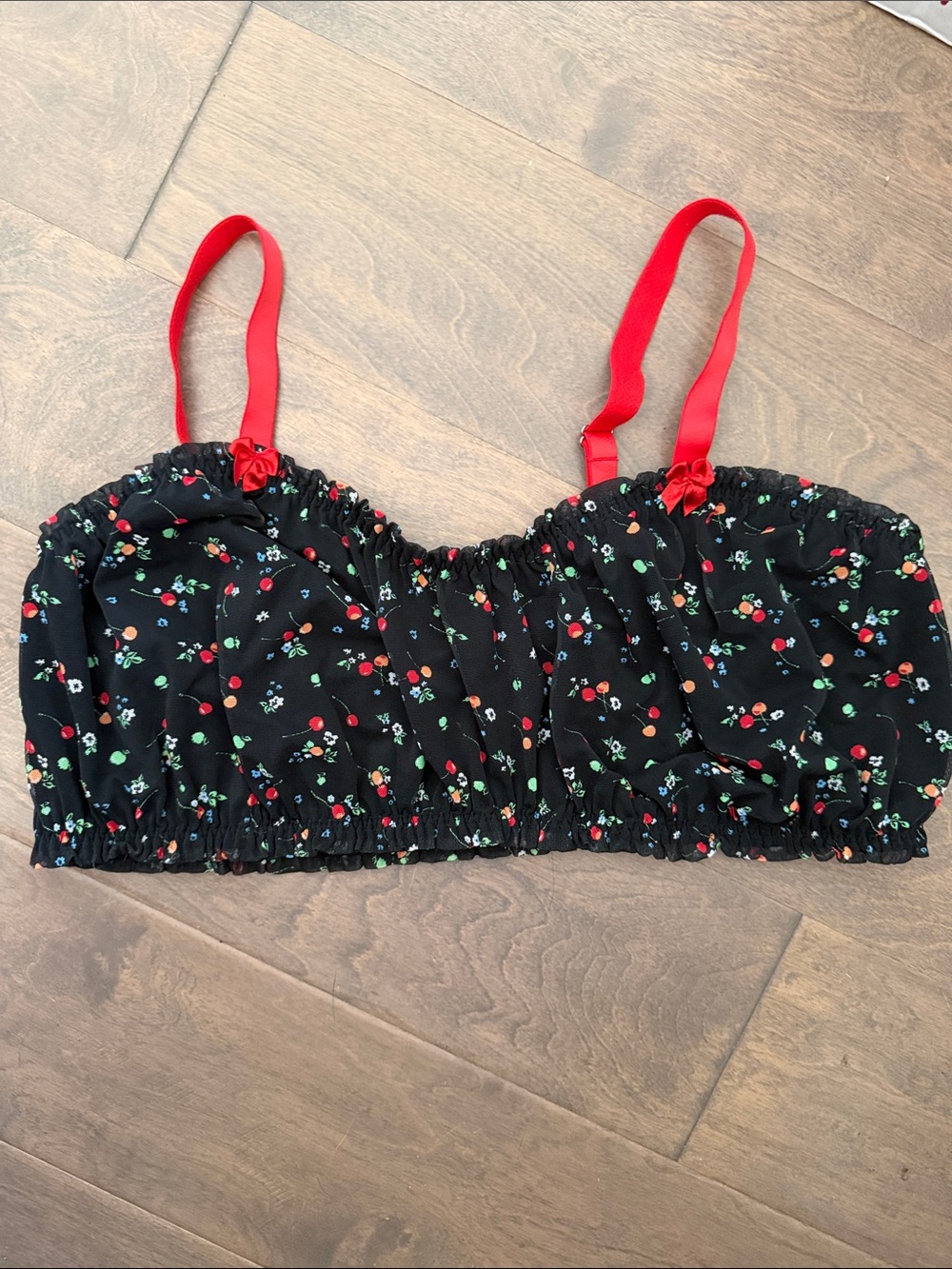 Women’s bra - Black Floral & Cherry Design with Red Straps